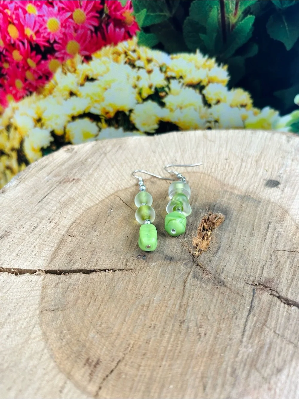 Handmade Green Beaded Dangle Earrings Earthy Glass Jewelry